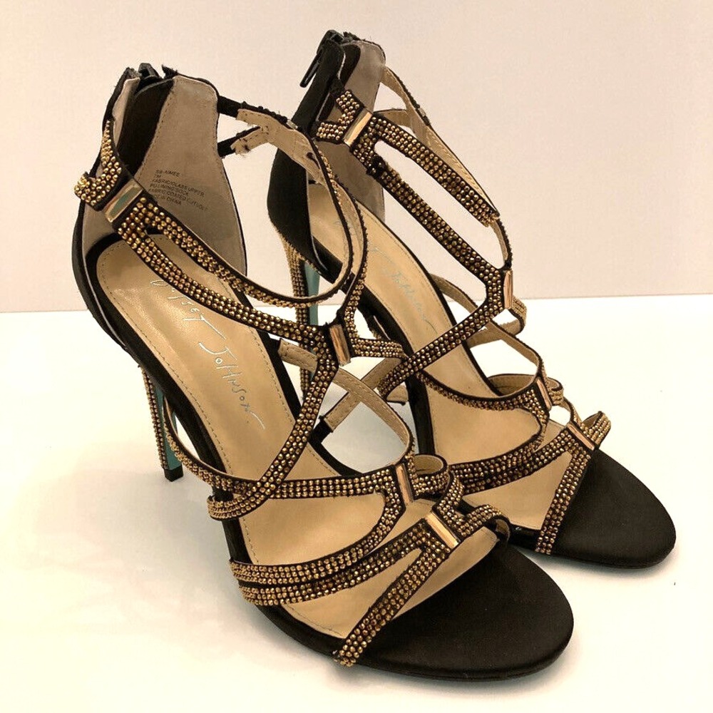 Betsey‎ Johnson Aimee Heels Shoes Black Satin Gold Rhinestone Strappy Womens 7B